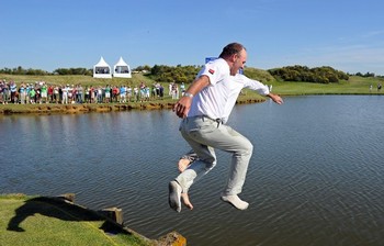 French Thomas Levet celebrates and jumps
