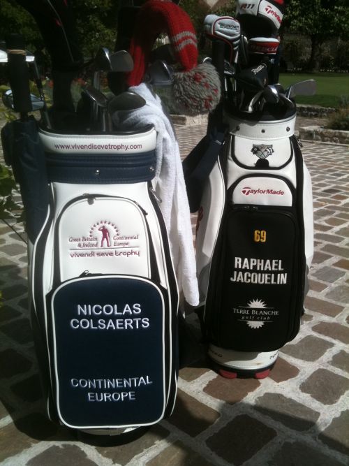 Nicolas Colsaerts and Raphael Jacquelin's golf bags (red)