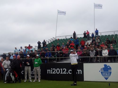 Keegan Bradley tees off in 2012 Irish Open practice round (red)