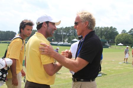 Greg Norman meets with Jose Maria Olazabal at the 2011 PGA Championship in Atlanta. (Photo - Fran Caffrey/www.golffile.ie)