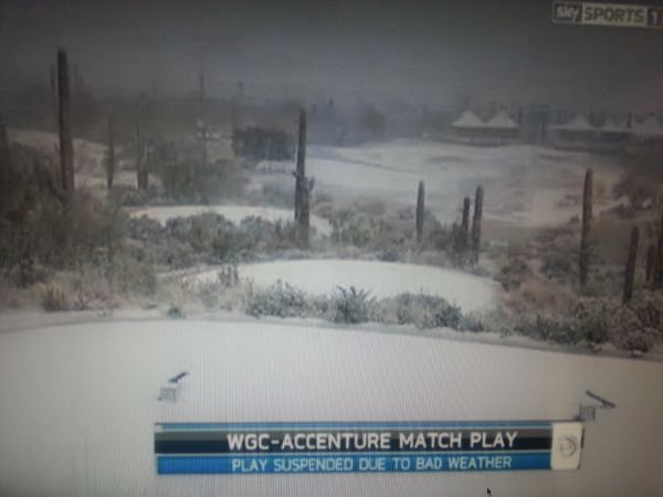 Snow suspends play on day one of the WGC - Accenture Match-Play Championship. (Photo - SKY Sports TV)