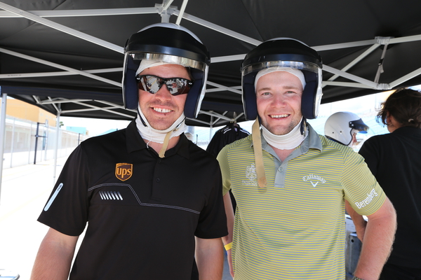 Louis Oosthuizen and Branden Grace don crash helmets for Cadillac Challenge.  (Photo - Fran Caffrey/www.golffile.ie)