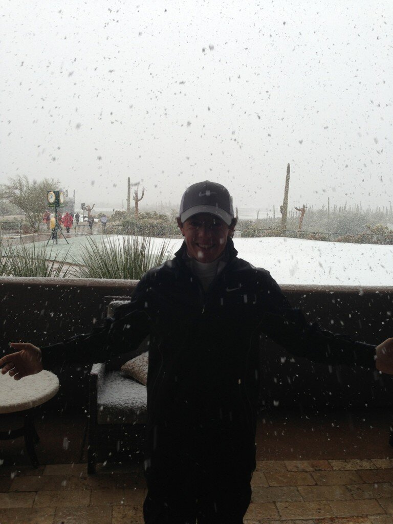 Rory McIlroy moments before being hit by a Shane Lowry snow ball - our 'Shot of the Month'. (Photo - Rory McIloy twitter).