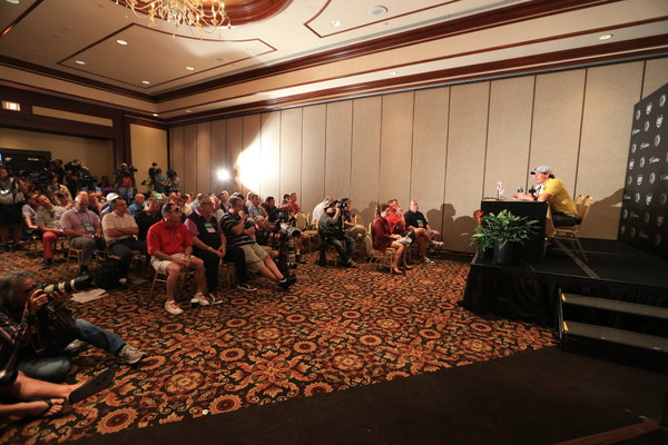 A packed WGC - Cadillac Championship press room hears an apologetic World No.1 Rory McIlroy vowing never to walk off again.  (Photo - Fran Caffrey/www.golffile.ie)
