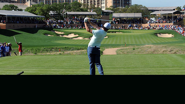 Rory McIlroy hitting into the 18th green on day two of the Valero Texas Open. (Photo - www.pgatour.com)