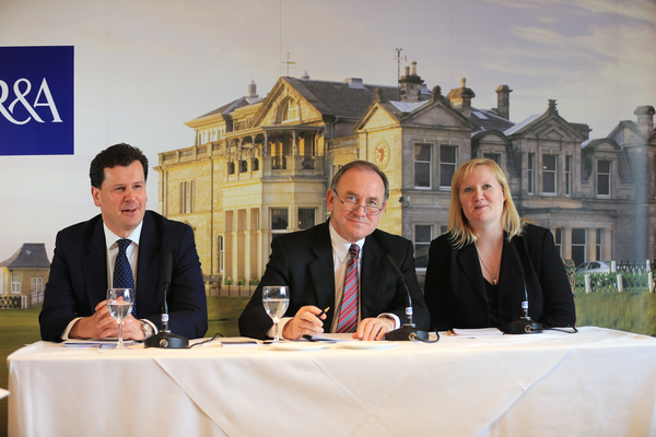 The R & As David Rickman (l), Peter Dawson and Lynn Wallace at today's announcement within the Wentworth clubhouse. (Photo - Fran Caffrey/www.golffile.ie)