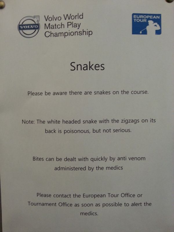 Beware of Snakes - The European Tour's notice.