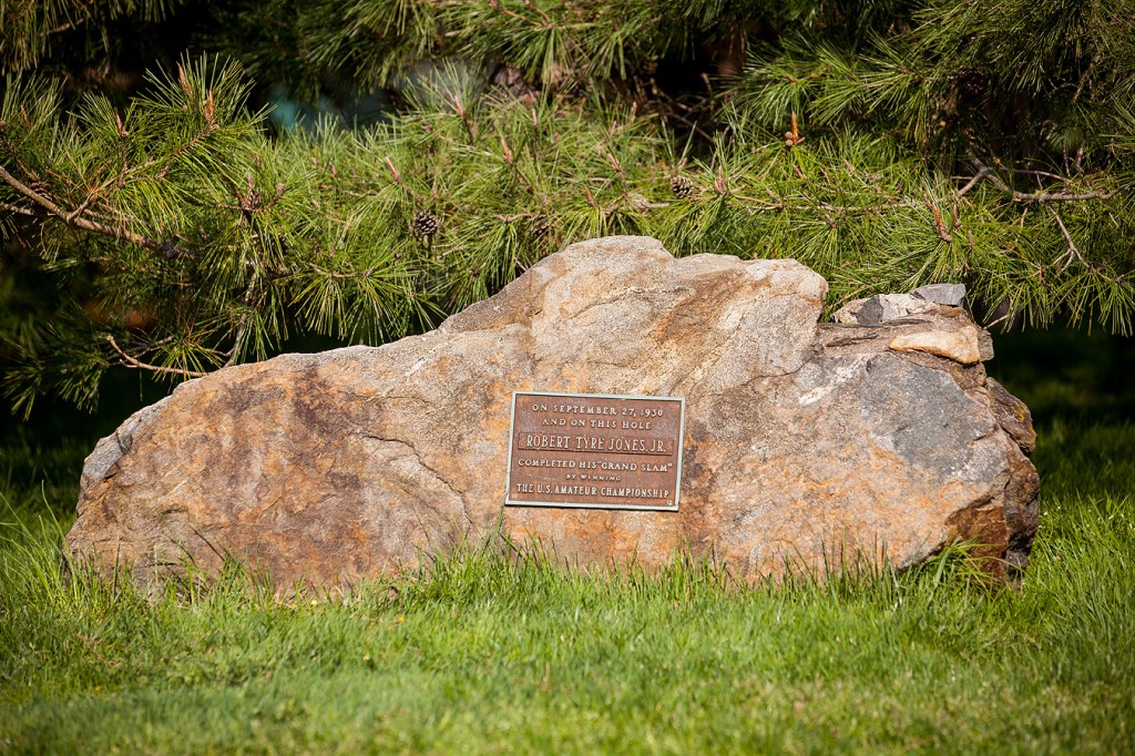 Bobby Jones plaque at the 11th hole where he won a play-off to capture then then 'Grand Slam' of golf.