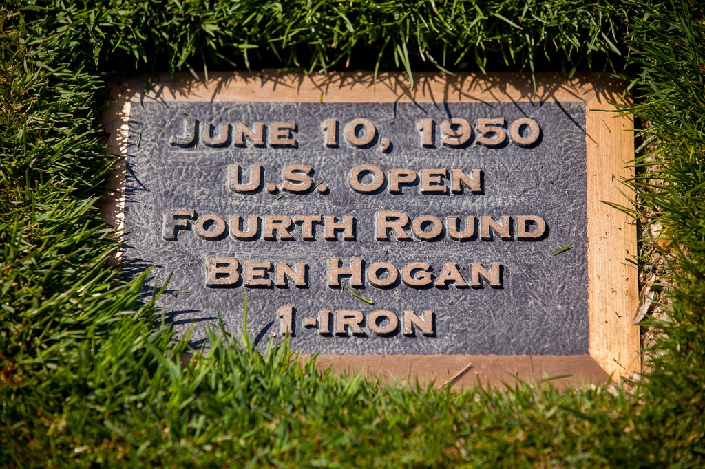 The plaque on the 18th fairway commenorating Ben Hogan's histoic 1-iron shot to set up victory in the 1950 US Open.