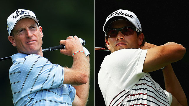 American Jim Furyk and Australia's Adam Scott share the lead after the first day of the 2013 PGA Championship.