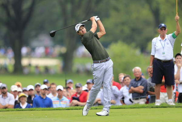 Adam Scott driving off the ninth or his 18th hole on day two of the 95th PGA Championship. (Photo - Eoin Clarke/www.golffile.ie)