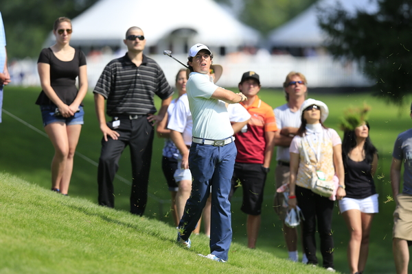 Rory McIlroy playing his third shot on route to a double bogey at the 14th hole on route to a scrambling 71 on day two of the WGC - Bridgestone Invitational. (Photo - Eoin Clarke/www.golffile.ie)