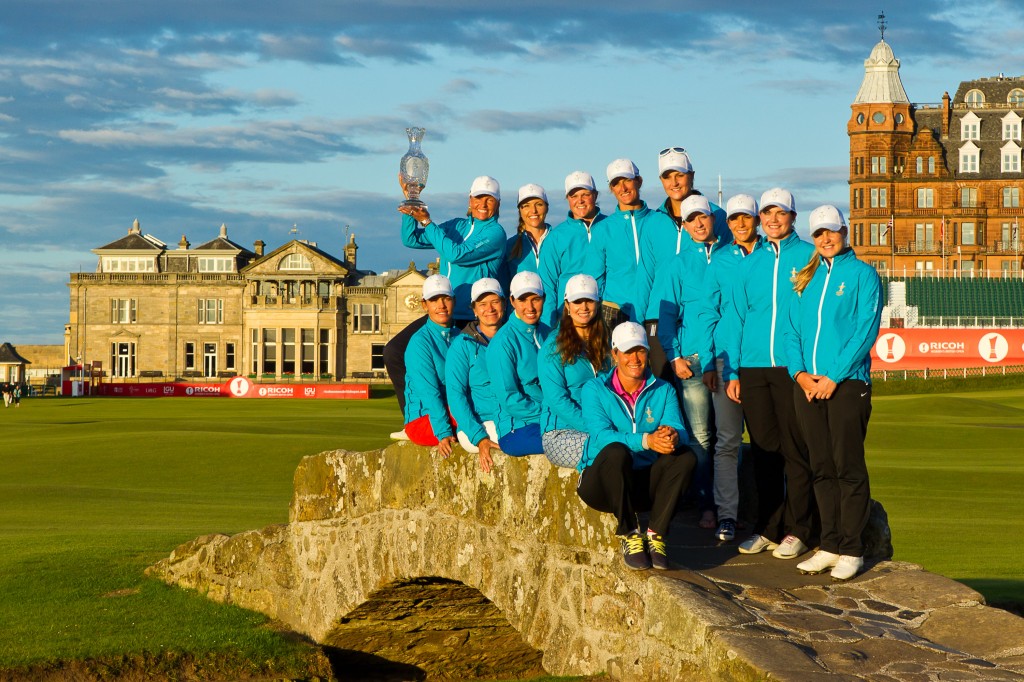 The defending 2013 European Solheim Cup team on the Swilken Bridge at St. Andrews.  (Photo - Stuart Adams/www.golftourimages.com)