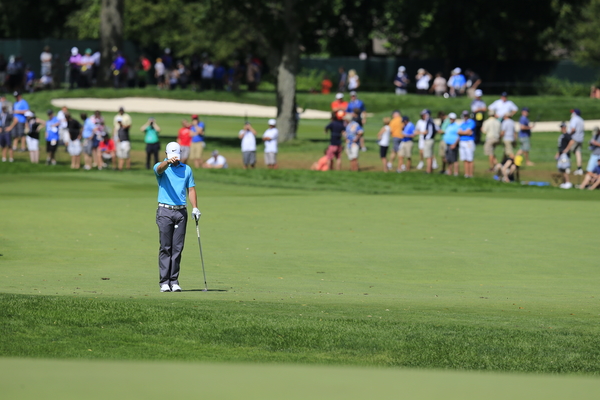 The high water mark of McIlroy's PGA defence challenge and taking a penalty drop at the 5th hole. (Photo - Eoin Clarke/www.golffile.ie)