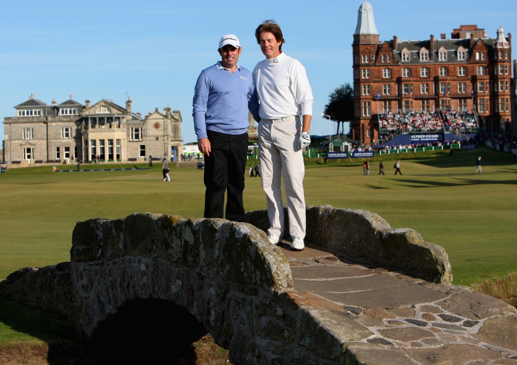 Kyle Maclachlan and Paul McGinley on the famed Swilken Bridge at St. Andrews.