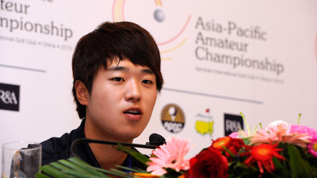 Lee Chang-woo of Korea is pictured during a press conference at the Asia -Pacific Amateur Championship at Nanshan International Golf Club, Garden Course during round three on Saturday, October 26, 2013. Picture by David Paul Morris/AAC.