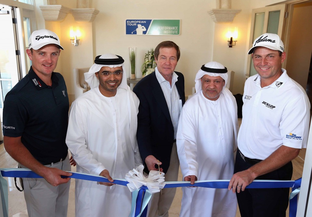Justin Rose, Majid al Ghurair, Board Member Jumeirah Golf Estates, George O'Grady, CEO, European Tour, Yousuf Kazim, General Manager Jumeirah Golf Estates and David Howell cut the ribbon at the official opening of the European Tour Performance Institute prior to the start of the DP World Tour Championship, Dubai on the Earth Course at Jumeirah Golf Estates on November 12, 2013 in Dubai, United Arab Emirates. (Photo by Andrew Redington/Getty Images)