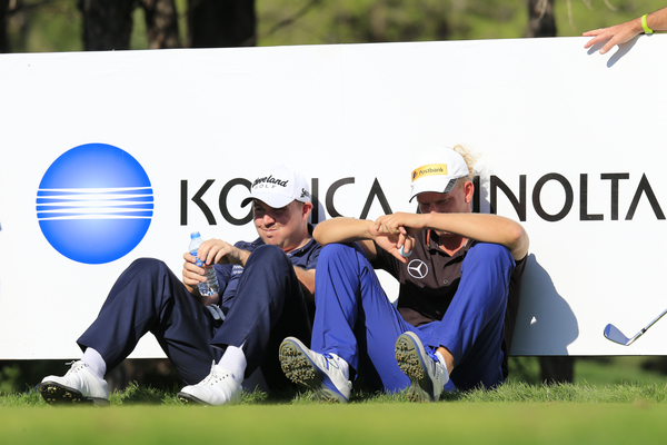 Shane Lowry and Marcel Siem taking a break during the second round of the Turkish Airlines Open.  (Photo - Fran Caffrey/www.golffile.ie)