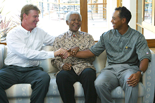 Tiger Woods and Ernie Els with Nelson Mandela