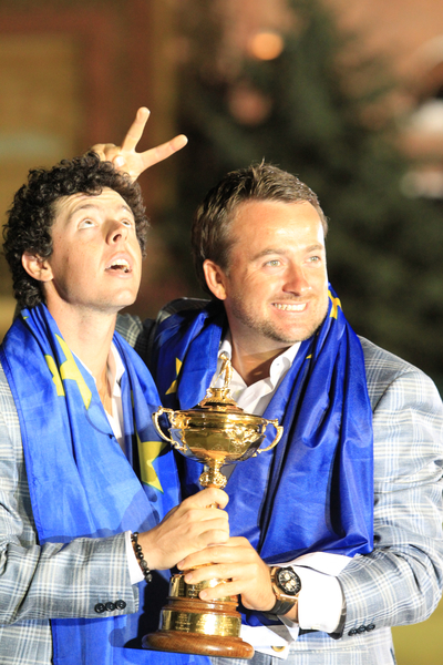 Graeme McDowell 'horsing' around with Rory McIlroy at the 2012 Ryder Cup. (Photo - Fran Caffrey/www.golffile.ie)