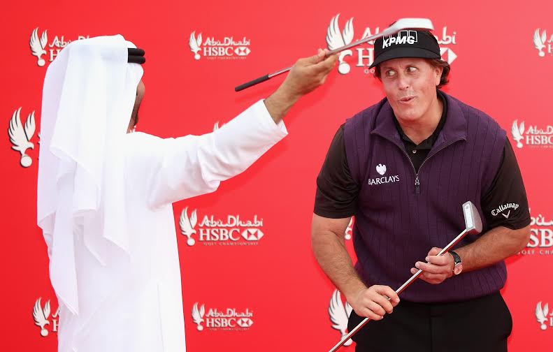 Phil Mickelson joins in celebrations to mark this week's Abu Dhabi HSBC Championship. (Photo - www.europeantour.com)
