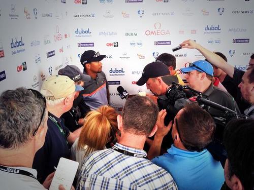 Tour Miss among the media who had Tiger Woods surrounded after his round of 68. (Photo - European Tour)