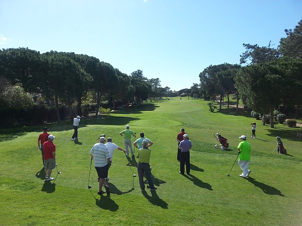 Crail Golfing Society members gather on 1st tee at Vila Sol.