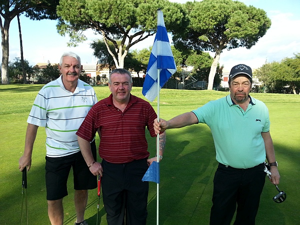Danny, Craig and Davy on 18th green. Craig and Bernie stormed their way to 5 & 4 hammering of Danny and Davy.