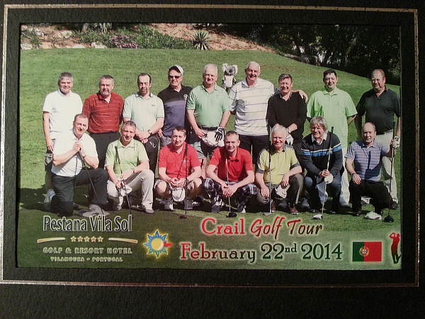Group shot of the visiting Crail golfers on the first tee at Vila Sol. Who's head is that between Joe and Danny mid back row?
