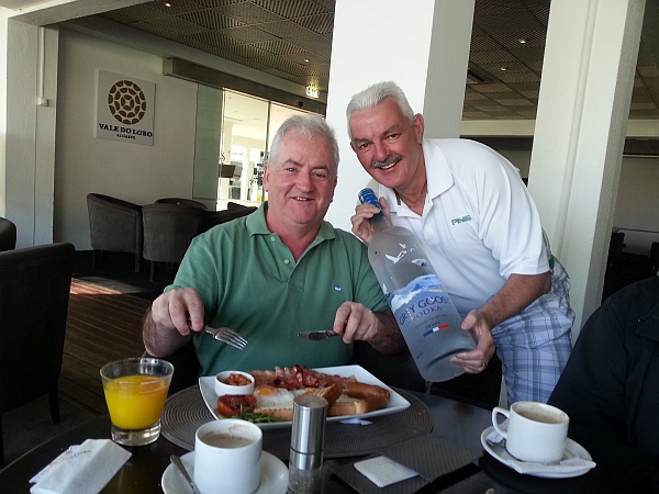 Danny McMullen tries to secure a point for his Frank's Foes team by offering Joe Duddy vodka with his bacon and eggs at Vale do Lobo.