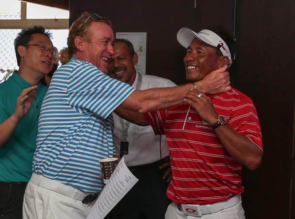 Team Asia Captain, Thongchai Jaidee (THA) refused to go battle in the singles against Team Europe Captain, Miguel Angel Jimenez (ESP) because "he's just too good" after the second day Foursome matches at the 2014 EurAsia Cup presented by DRB-Hicom, at the Glenmarie Golf & Country Club, Kuala Lumpur, Malaysia. Picture: David Lloyd / www.golffile.ie