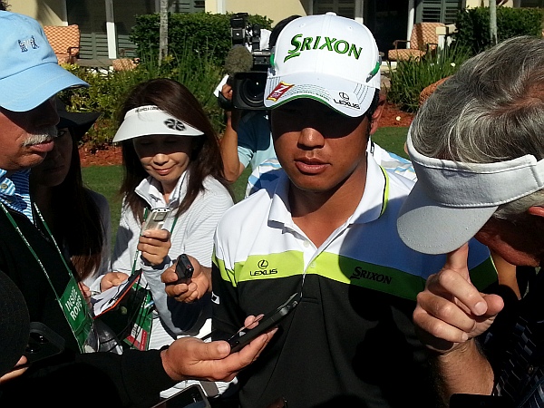 Hideki Matsyuma center of a media scrum following his actions a day earlier in the WGC - Cadillac Championship. (Photo - www.golfbytourmiss.com)