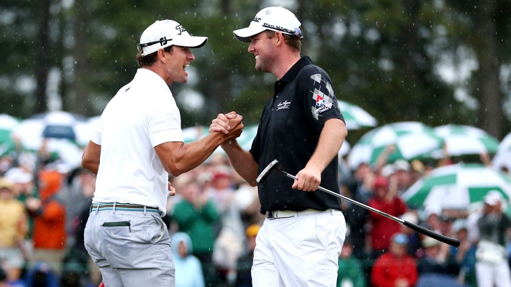 Leisman and Scott embrace after Scott birdies the last to force a play-off in the 2013 Masters.