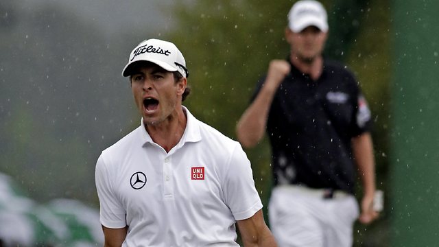 Marc Leishman still has to end his round but he's pumping his fist in delight Adam Scott birdied the 72nd hole at the 2013 Masters.