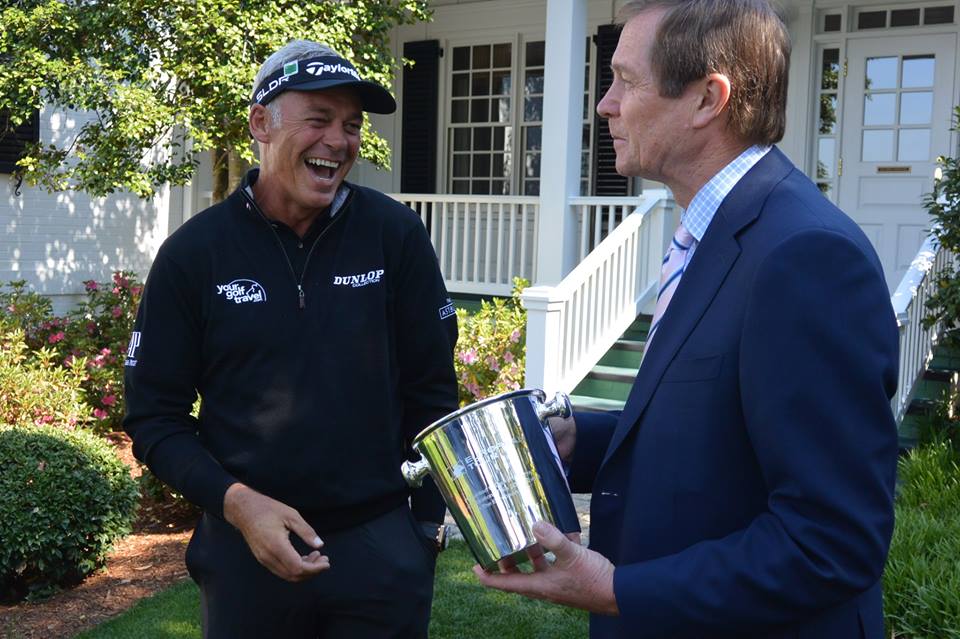 European Tour CEO George O'Grady presents Darren Clarke with a commemorative ice bucket to celebrate Clarke's 500th European Tour event at this week's Masters. (Photo - www.golfbytourmiss.com)