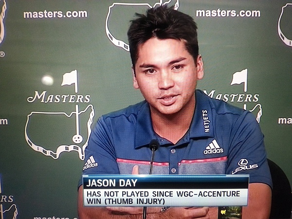 Jason Days gives the thumbs up to his doggy digit ahead of this week's Masters.