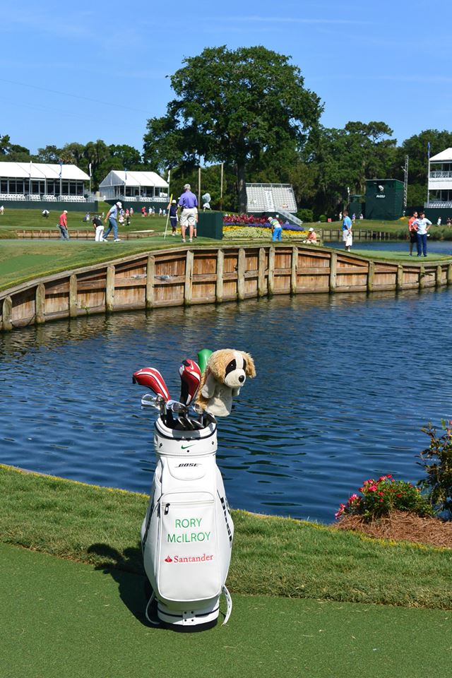 Rory McIlroy's bag at the back of the TPC Sawgrass 17th