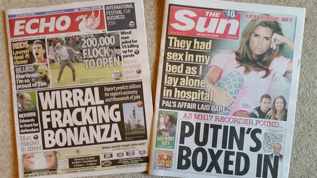 Front pages of today's Liverpool Echo and London Sun newspapers.