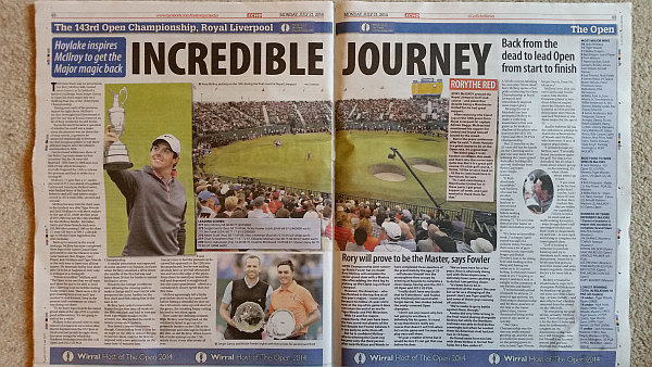 Inside coverage in the Liverpool Echo of McIroy's historic Royal Liverpool success