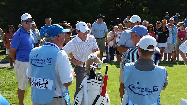 Rory McIlroy shares a laugh with his Deutsche Bank Pro-Am partners. (Photo - www.golfbytourmiss.com)