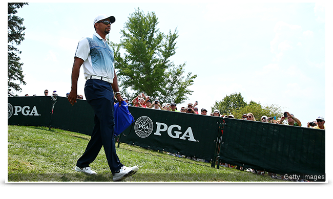 One of the most anticipated arrivals in golf this year - Tiger Woods arrives at Valhalla Golf Club and venue for this week's 96th PGA Championship.