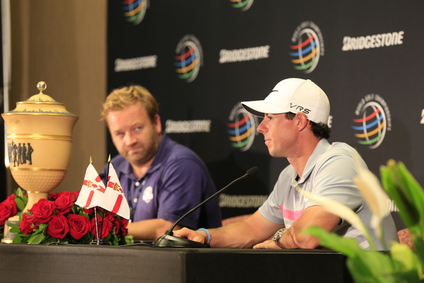 The European Tour's Michael Gibbons hosting Rory McIlroy's post WGC - Bridgestone Invitational success press conference. (Photo - Eoin Clarke/www.golffile.ie)