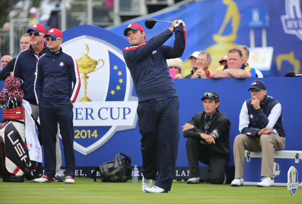 USA Ryder Cup rookie Patrick Reed tees off Thursday as team mate Zach Johnson looks on. (Photo - www.golffile.ie)
