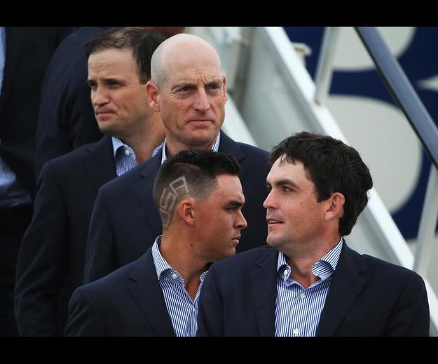 Rickie Fowler shows his allegiance having the letters USA cut into his hairline.