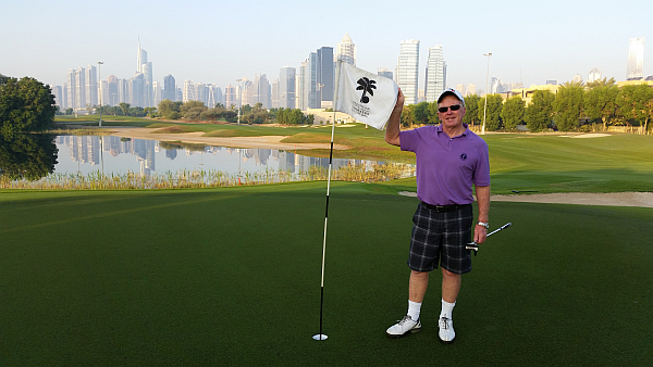 Bernie moments after holing his putt for birdie on the 4th green at the Faldo Course at the Emirates Club, Dubai.