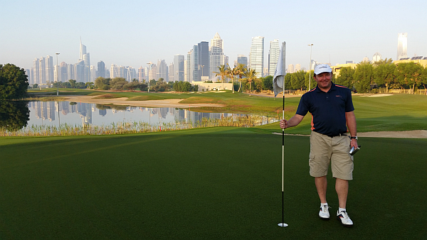 Ireland's leading radio reporter Denis Kirwan on the 4th green at the Faldo Course.