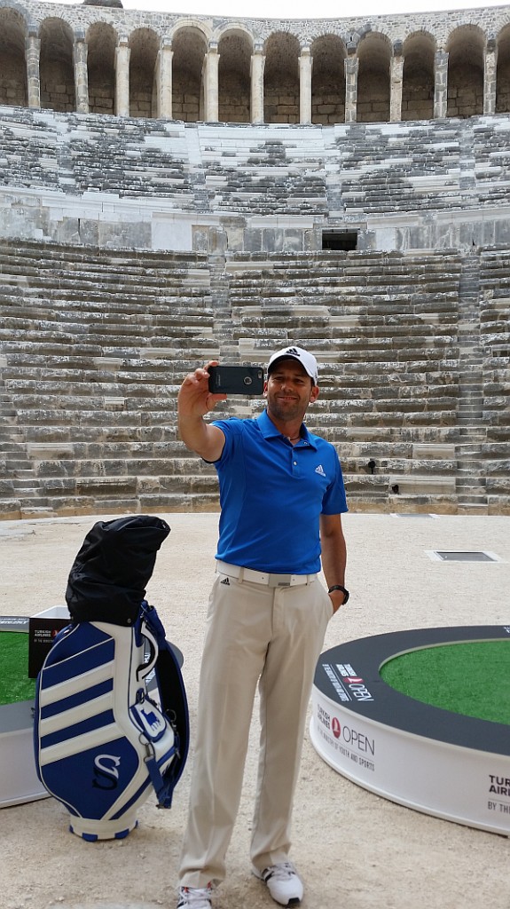 Sergio Garcia taking a 'selfie' on the stage area of the Theater of Aspendos.