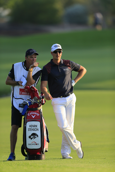 Henrik Stenson and his 'Lordship' Gareth Lord during the third round of the DP Tour World Championship. (Photo - Fran Caffrey/www.golffile.ie)