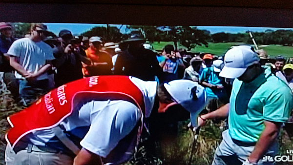 Rory and his caddy looking for their ball at the 8th hole