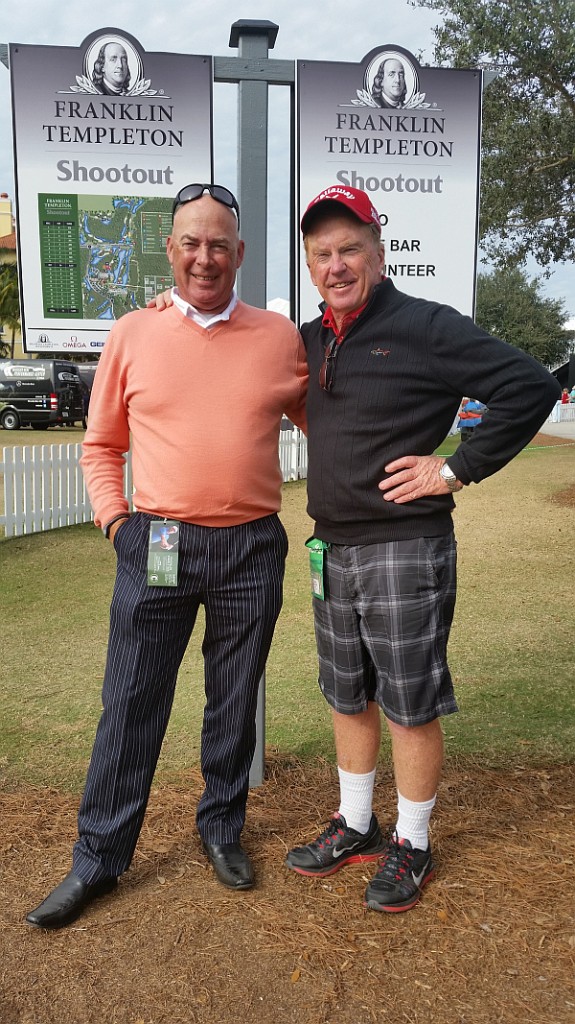 Bernie (shorts) catches up at the Franklin Templeton Shootout with leading Scottish caddy Davy Sharp who is working at the Old Collier course in Naples, Florida.
